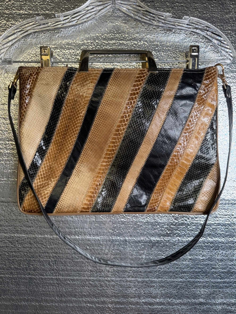 Vintage Striped Diagonal Snake Skin Shoulder Bag - Black & Brown